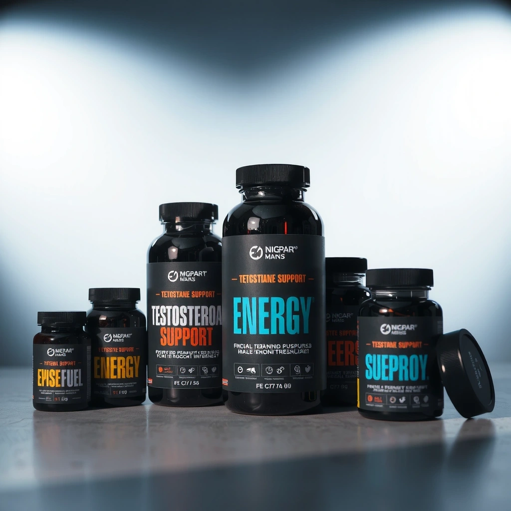 Male health supplements collection featuring testosterone and energy support products