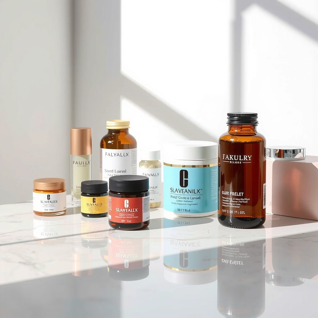 Premium wellness products featuring elegant supplements and skincare collection